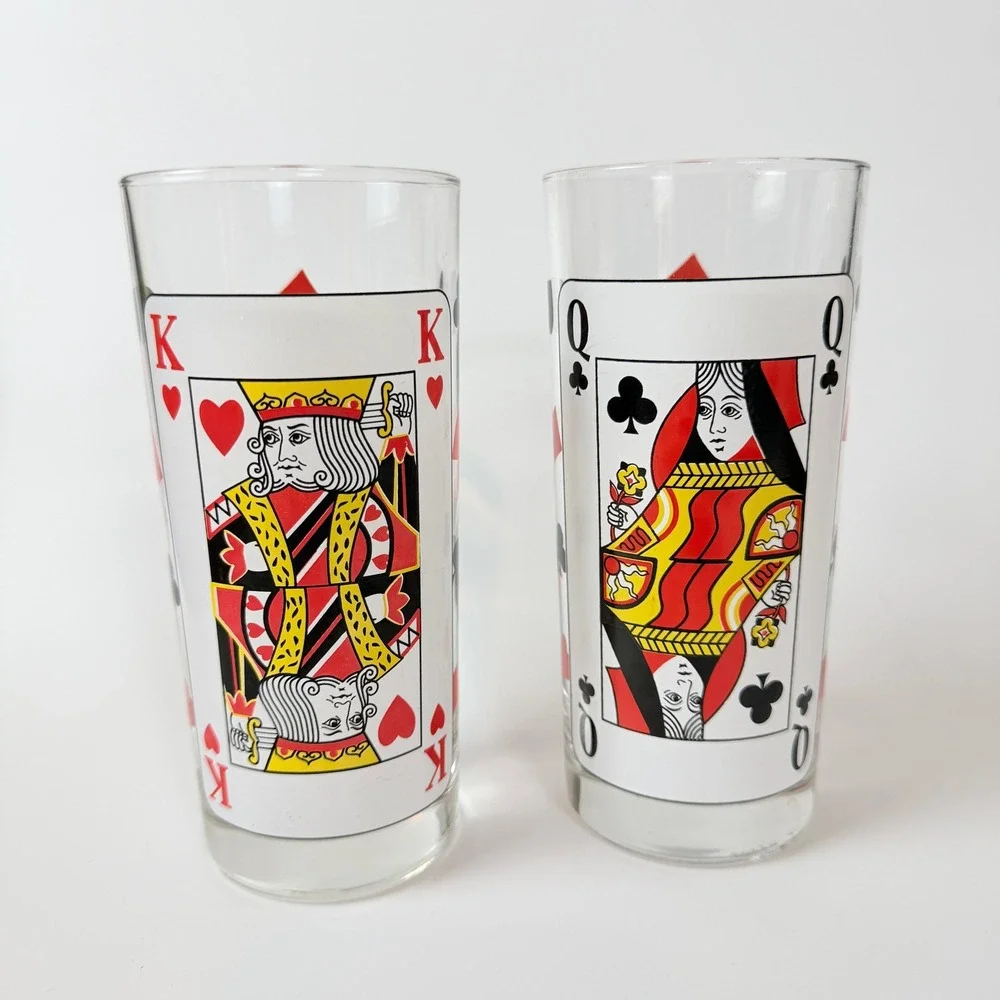 Playing‎ Card Highball Glasses Italy set of 2 King Hearts Queen Clubs 2pc 4382